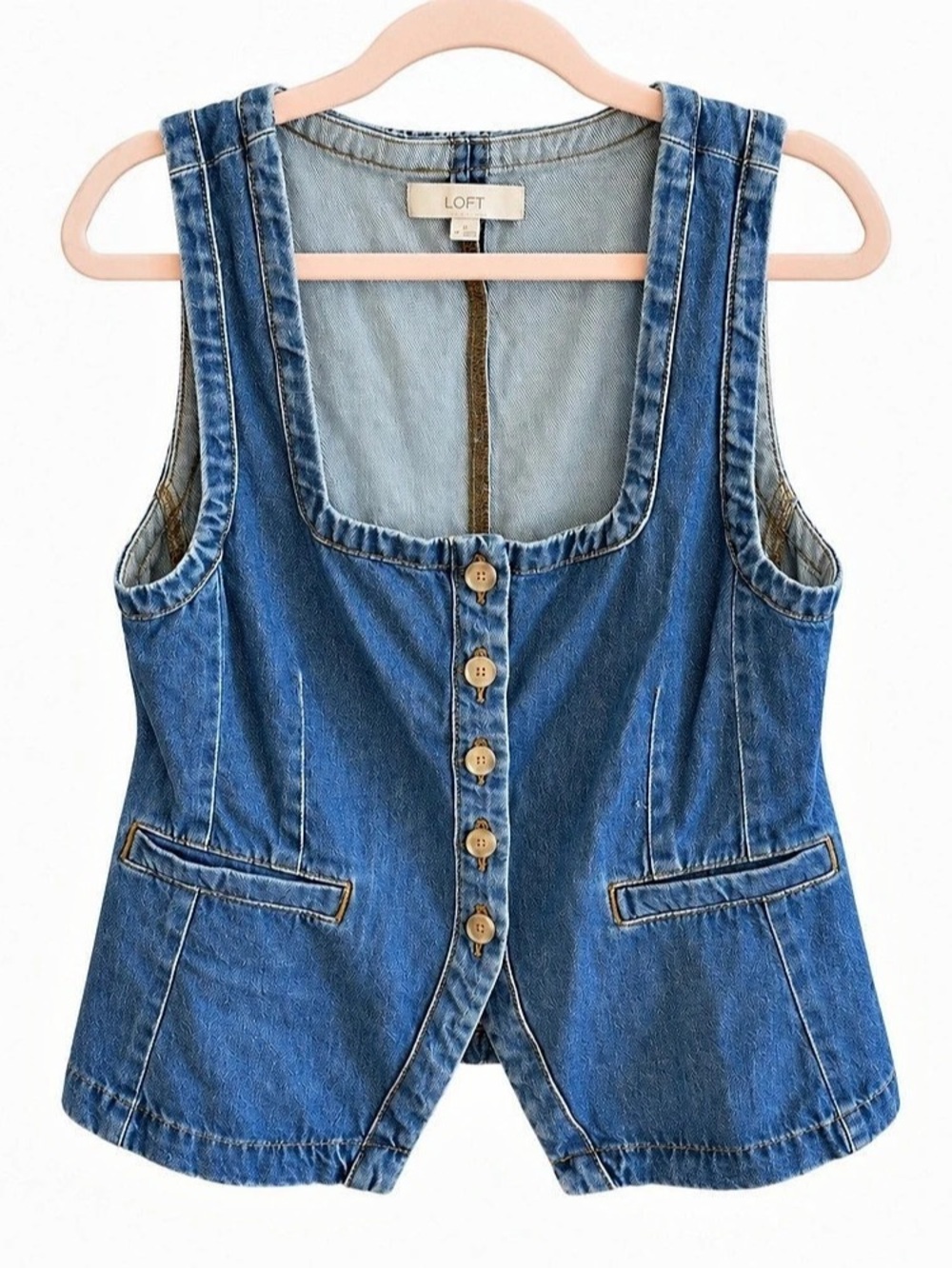 LOFT Blue Denim Square Neck Button Front Vest Size 10
